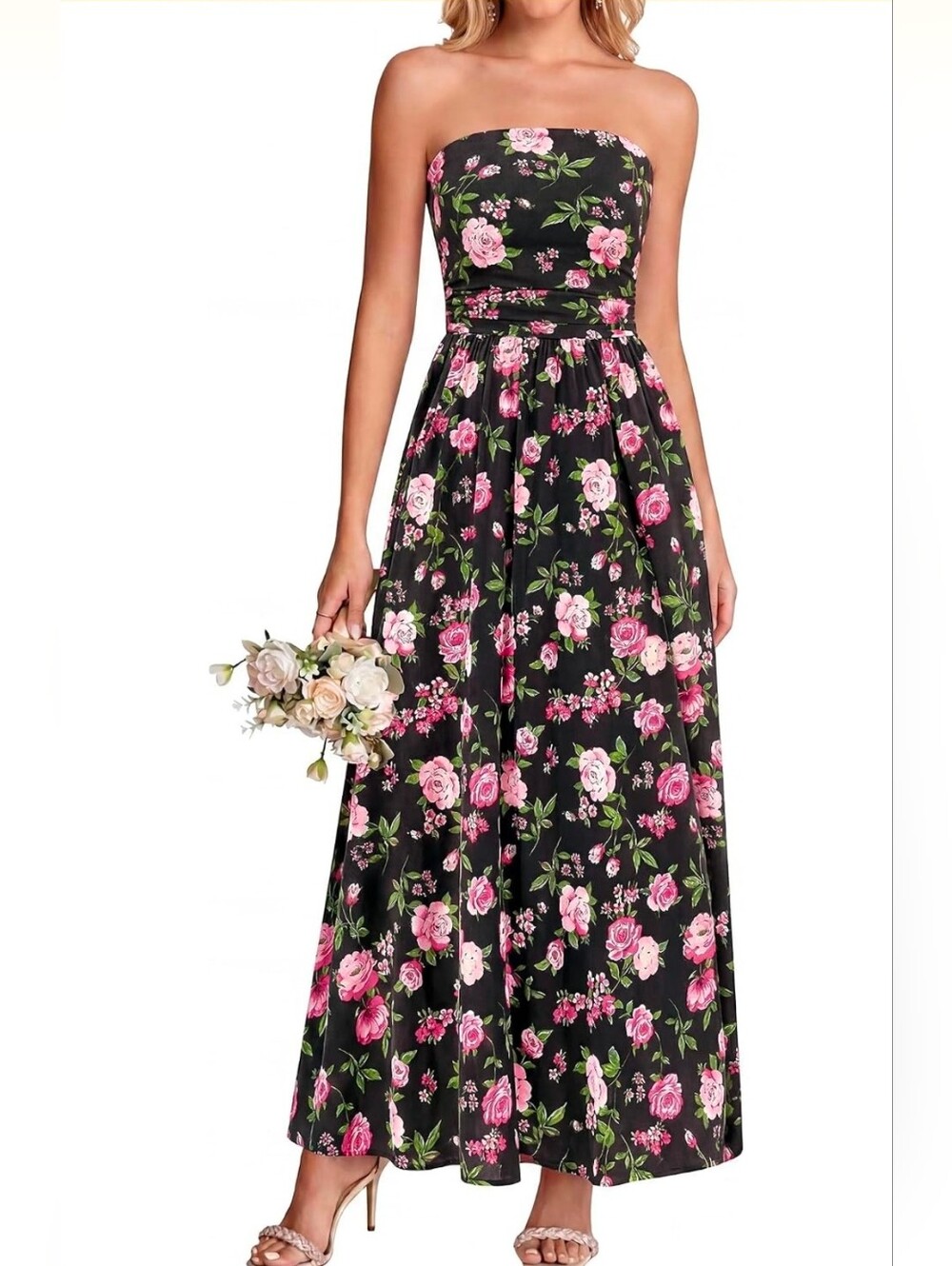 Strapless Black Floral Maxi Dress with Pink Roses